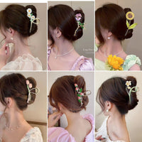 Hand-Painted Floral Hair Claw Clip for Women, Sweet Girls' Temperament Shark Clip for Back of Head