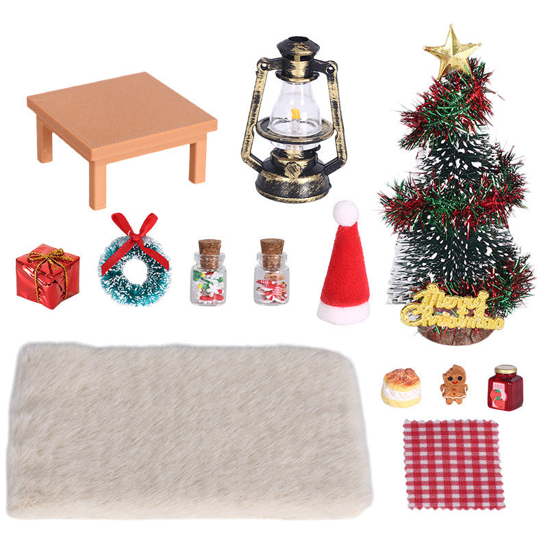 Dollhouse Christmas Scene Miniature Set with Tree, Table, Lamp, and Carpet - 13 Pieces for OB1 Micro Landscape