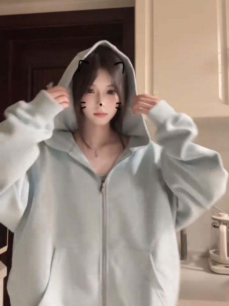 Women's Korean Style Hooded Zip-Up Sweatshirt with Cinch Waist, Loose Fit