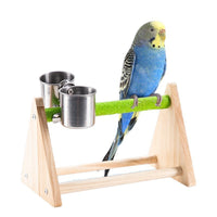Parrot Play Stand with Perch and Feeder Cups for Small Birds, Cockatiels, Parakeets, Solid Wood Tabletop Toy