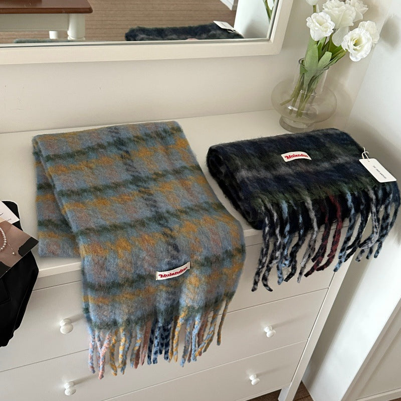 Lazy Weekend Plaid Mohair Scarf for Women, Thickened Warm Winter Shawl