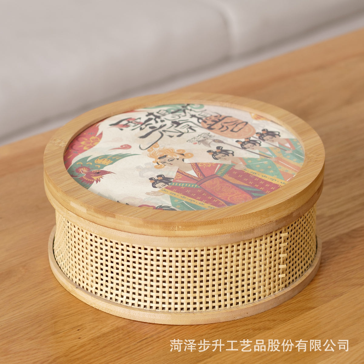 Bamboo Woven Cosmetic Storage Box with Mirror, Wooden Round Desktop Organizer
