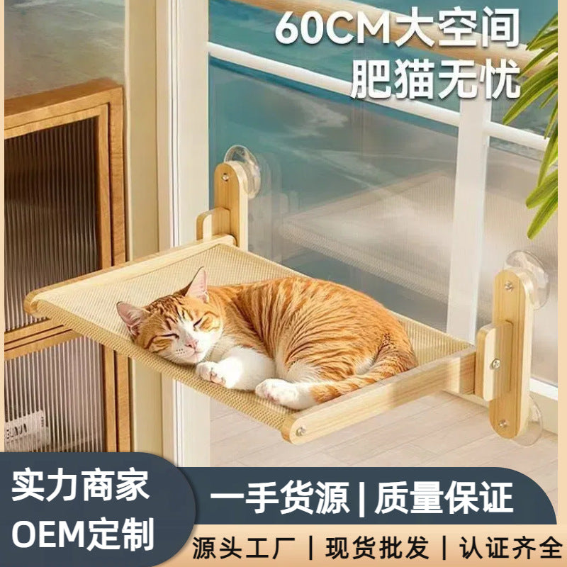 Cat Window Hammock with Suction Cups - Foldable Wooden Frame Pet Perch for Balcony