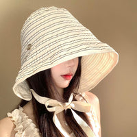 Striped Sun Protection Bucket Hat with Chin Strap - Wide Brim Full Face Coverage for Women
