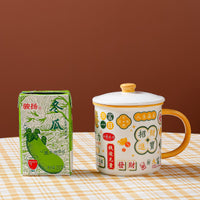 Chinese Style Ceramic Mug with Lid, Large Capacity Enamel-Look Coffee Cup for Office and Home
