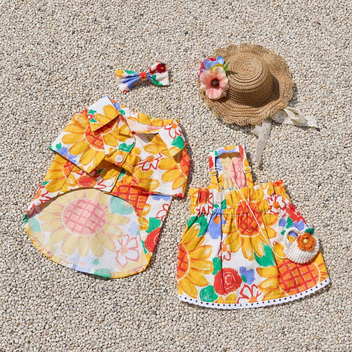 Sunflower Print Pet Dog Shirt / Dress with Matching Hairpin, 60-Count Cotton