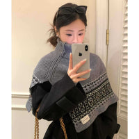Vintage Fair Isle Jacquard Knitted Poncho Scarf for Women, Winter Warm High-Neck Shawl Wrap