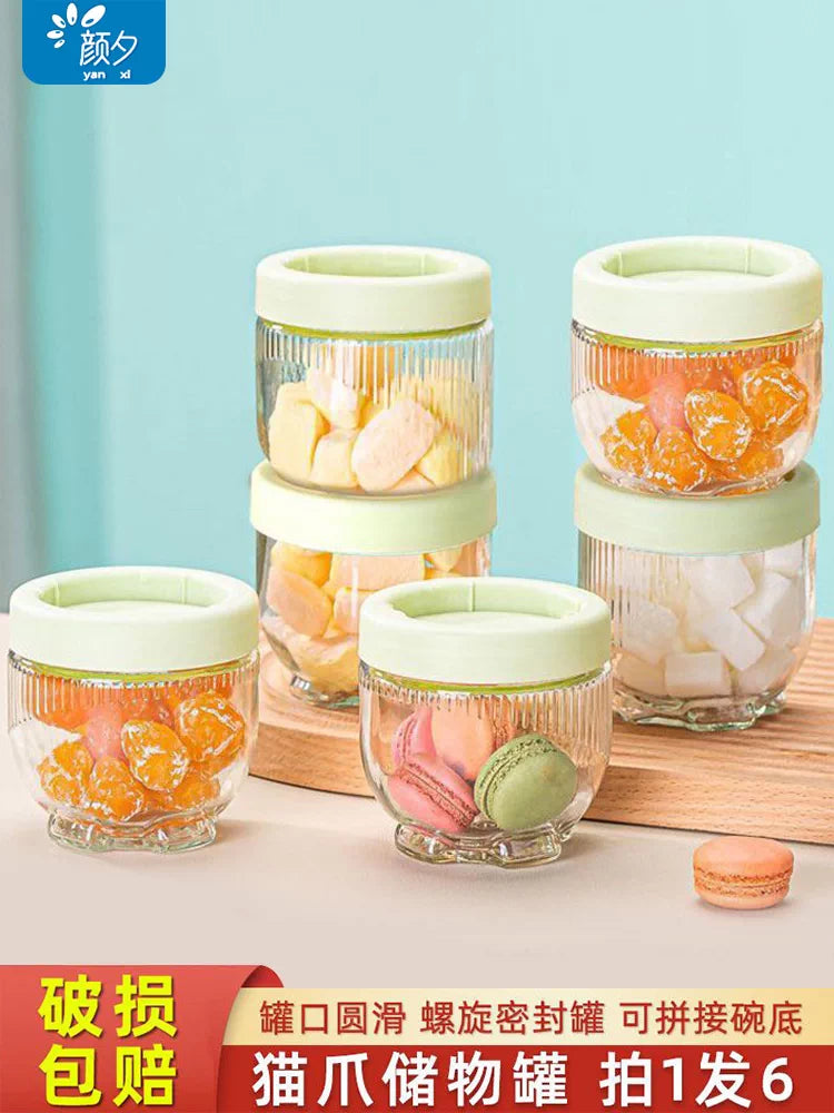 Stackable Cat Paw Glass Storage Jars with Lids, Food-Grade Airtight Containers for Dry Goods