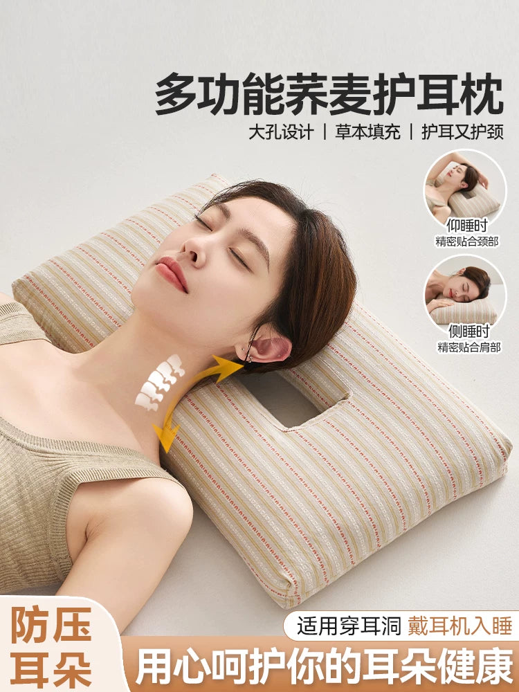 Cotton Buckwheat Hull Ear Protection Pillow for Side Sleepers, Anti-Wrinkle Post-Surgery Pressure Relief