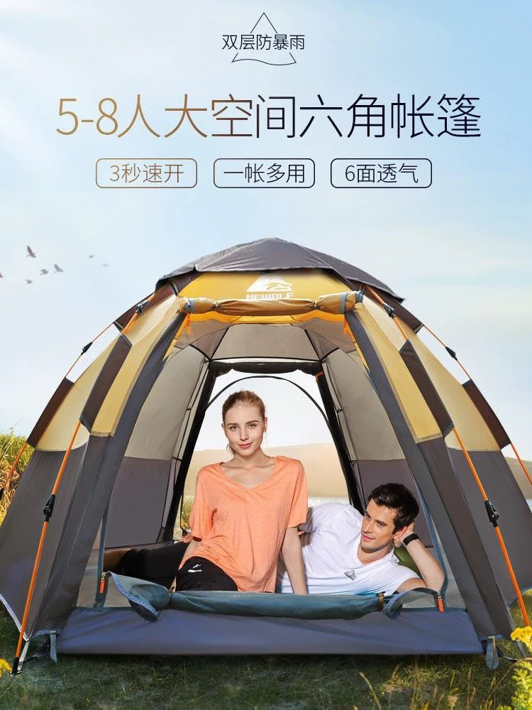 Wolf Totem Automatic Hexagonal Camping Tent, Waterproof UV Protection, Portable for Family Outdoor Activities