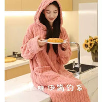 Women's Hooded Coral Fleece Robe Set Warm Jacquard Loungewear for Autumn/Winter