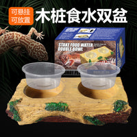 Reptile Chameleon Gecko Natural Landscape Anti-mold Chew-resistant Detachable Feeding Wood Stump with Double Bowls