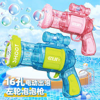 Revolver Electric Bubble Gun with 16 Holes, LED Lights, One-Key Operation for Kids Outdoor Play
