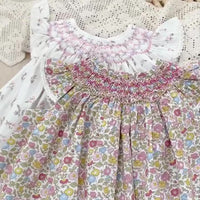 Girls' Hand-Smocked Floral Print Flutter Sleeve Doll Dress Toddler Summer Princess Dress