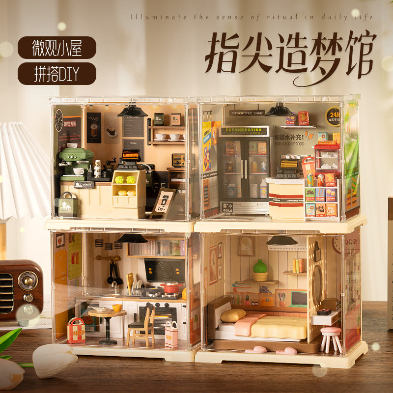 Miniature DIY Dollhouse Kit with LED Lights - Coffee Shop, Convenience Store, Burger Shop, Milk Tea Shop, Bakery, Hot Pot Restaurant
