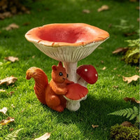 Resin Squirrel and Mushroom Bird Feeder Outdoor Garden Animal Statue