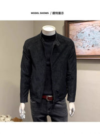Men's Suede Leather Jacket Stand Collar Casual Slim Fit Motorcycle Coat