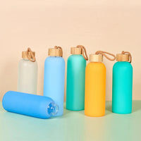750ml Large Capacity Glass Water Bottle with Bamboo Lid and Carrying Strap, Portable Candy Color Sports Bottle for Students
