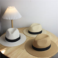 Korean Style Summer Sun Hat for Women, Bow Flat Top Wide Brim Sunscreen Beach Fedora, Versatile Fashion Travel Hat