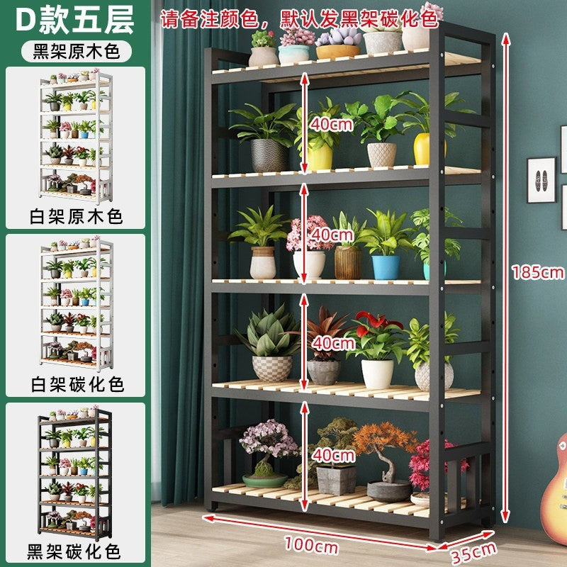 Solid Wood & Iron Multi-Tier Plant Stand with Adjustable Shelves for Balcony, Living Room, or Flower Shop Display