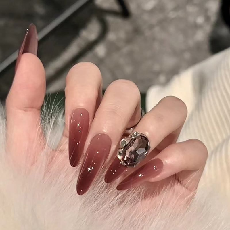 Halloween Dark Red Ruby Press-On Nails with Gradient Long Diamond Design, Detachable