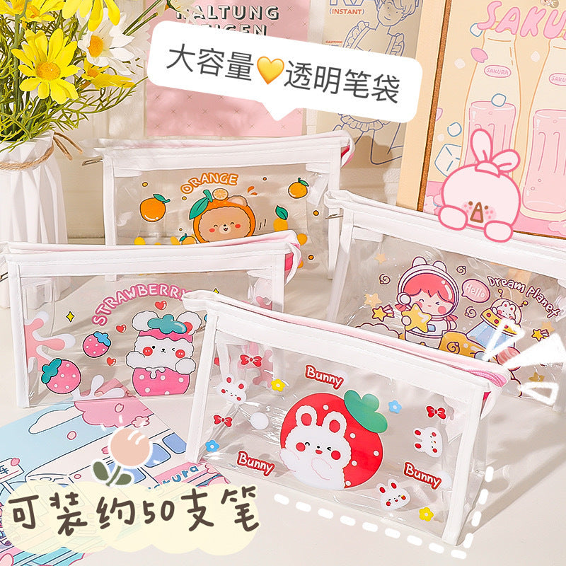Cartoon Transparent Pencil Case for Girls, Large Capacity Storage Bag, Simple Japanese Style Cosmetic Pouch, Yiwu Stationery