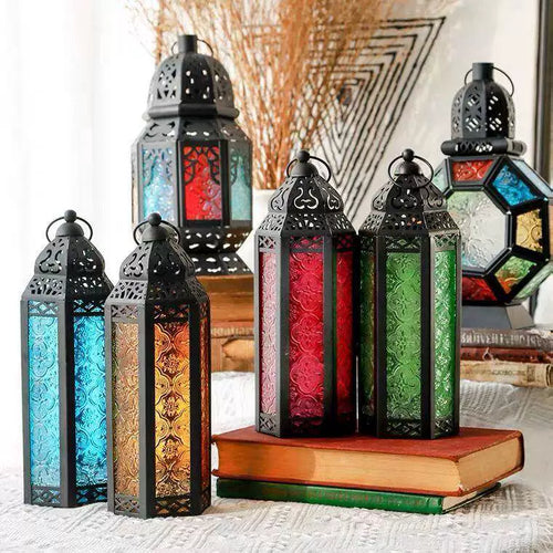 American Country Style Stained Glass Candle Holder Lantern for Home Decor