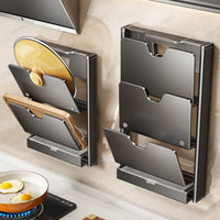 Wall-Mounted Pot Lid Holder with Suction Cup or Adhesive, Foldable Kitchen Organizer for Cutting Boards and Lids
