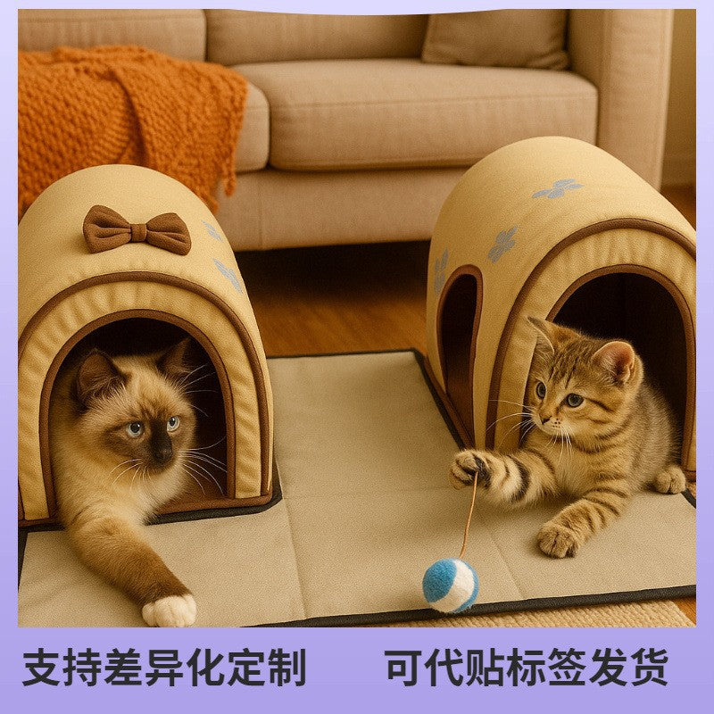 Semi-Enclosed Cat Tunnel Bed for Small to Medium Pets, Washable