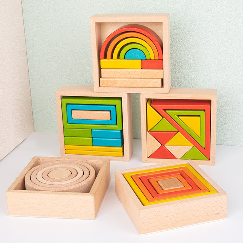 Wooden Rainbow Stacking Blocks Set for Toddlers, Beechwood Educational Building Toy for Early Learning and Family Play