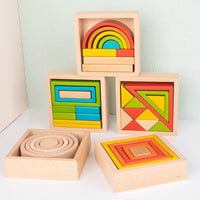 Wooden Rainbow Stacking Blocks Set for Toddlers, Beechwood Educational Building Toy for Early Learning and Family Play