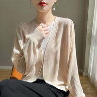 Women's Short Sun Protection Cardigan Loose Ice Silk Knit Air Conditioning Shirt Thin Shawl for Summer Beach