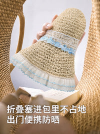 French Lace Tie Straw Hat for Women and Kids - Wide Brim Sun Protection Beach Hat