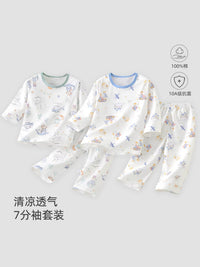 Kids' Summer Pure Cotton Seven-Sleeve Pajama Set for Boys and Girls, Thin A-Class Boneless Homewear