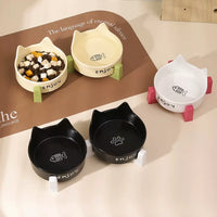 Ceramic Cat Bowl with Wooden Stand, Elevated Pet Food and Water Dish for Cats and Small Dogs, Tilted Anti-Vomit Design
