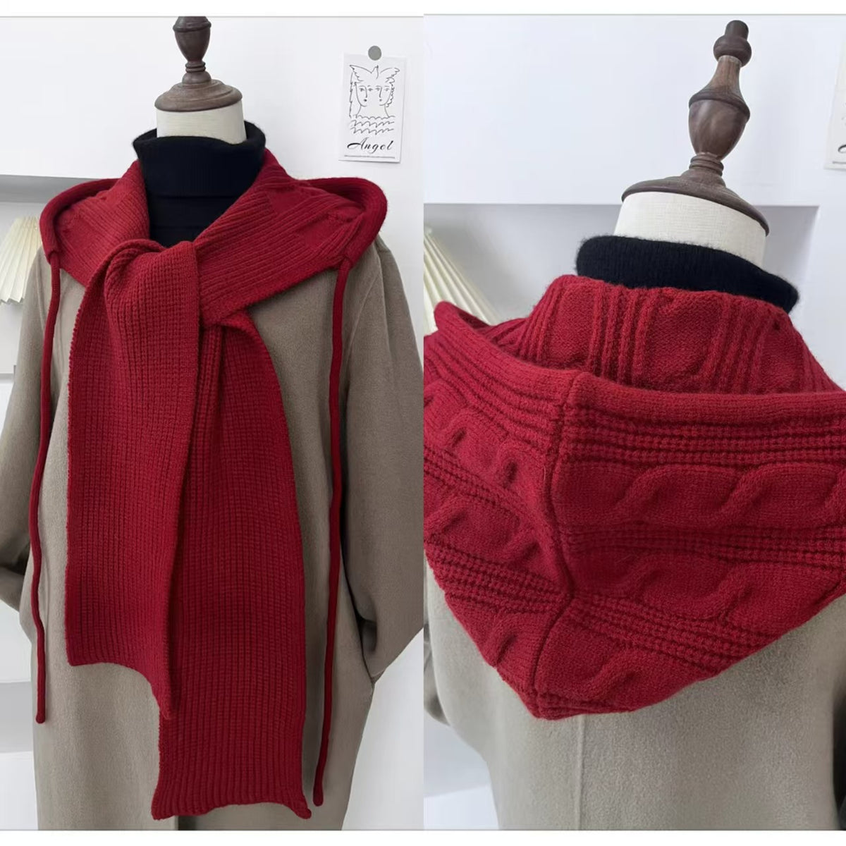 Women's Hooded Knitted Shawl with Integrated Hat and Scarf, Thickened Drawstring Design for Autumn/Winter Layering
