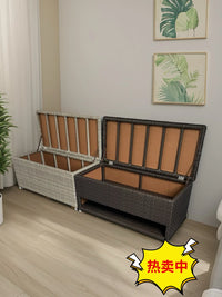 Outdoor Rattan Woven Storage Bench with Waterproof Sunscreen for Patio Balcony Entryway