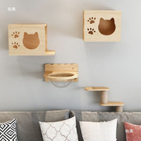 Solid Wood Wall-Mounted Cat Climbing Frame with Jumping Platform & Ladder, Aerial Cat Walkway