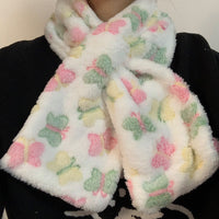Vintage Japanese Harajuku Plush Cross Scarf with Star and Butterfly Embellishments
