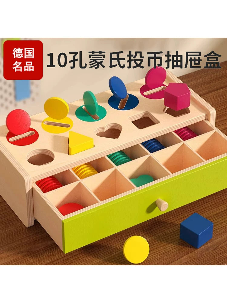 Montessori Early Education Coin Box Color Recognition Shape Building Blocks Matching Toy for Infants and Toddlers
