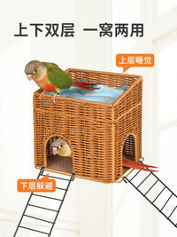 Woven Rattan Birdhouse with Ladder and Cushion - All-Season Parrot Nest