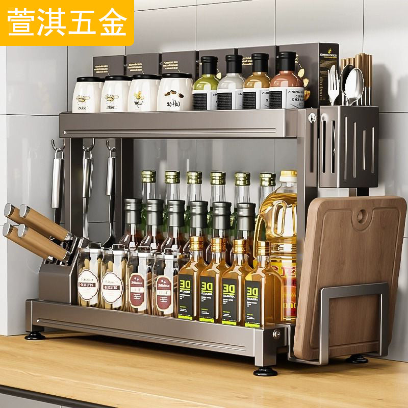 Kitchen Spice Rack Countertop Organizer, Freestanding Seasoning Storage Shelf with Hooks