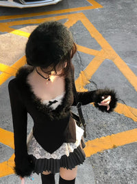 Women's V-Neck Faux Fur Cardigan with Lace Camisole Two-Piece Set