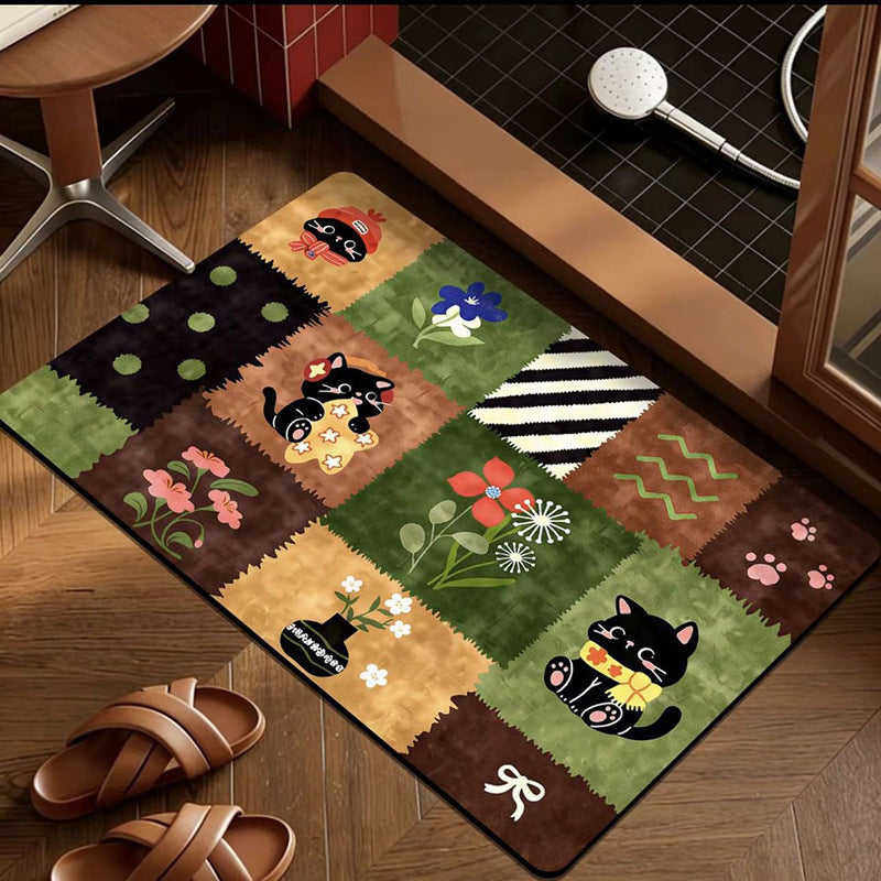 Vintage Cartoon Diatomaceous Earth Bath Mat Non-Slip Absorbent Quick Dry Floor Mat for Bathroom Entrance