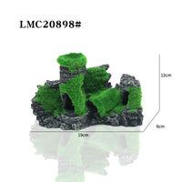 Aquarium Castle Mountain Ornament with Flocked Greenery, Fish Tank Decoration