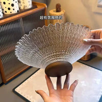 Vintage Large Ice Flower Glass Fruit Bowl with Wooden Base for Snacks and Decoration