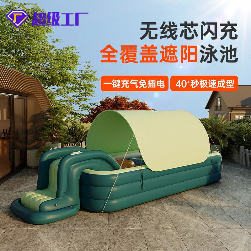 Inflatable Kids' Swimming Pool with Slide and Sunshade, Automatic Inflation, Thickened Material