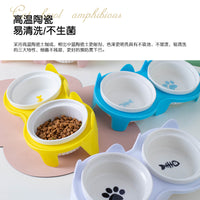 Ceramic Elevated Double Cat Bowls with Anti-Slip Stand for Neck Protection