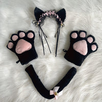 Lolita Cat Paw Gloves Headband Tail Set Plush Cosplay Accessories