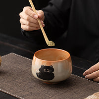 Japanese Shino Cat Ceramic Matcha Bowl Set with Whisk Holder and Scoop